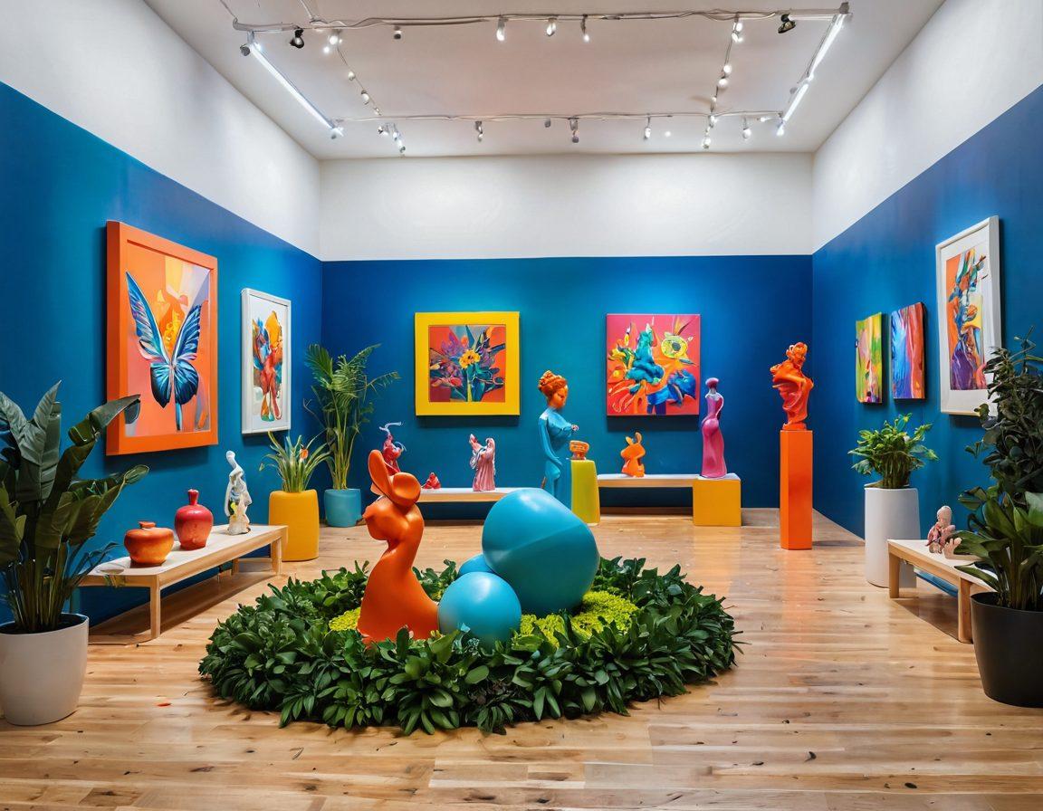 A vibrant and modern art gallery filled with innovative art showcases and colorful installations. The scene includes diverse visitors engaging with the art, with bright lighting highlighting various sculptures and paintings. Incorporate playful architectural elements in the background and a lush indoor garden, creating a joyful atmosphere. super-realistic. vibrant colors. 3D.