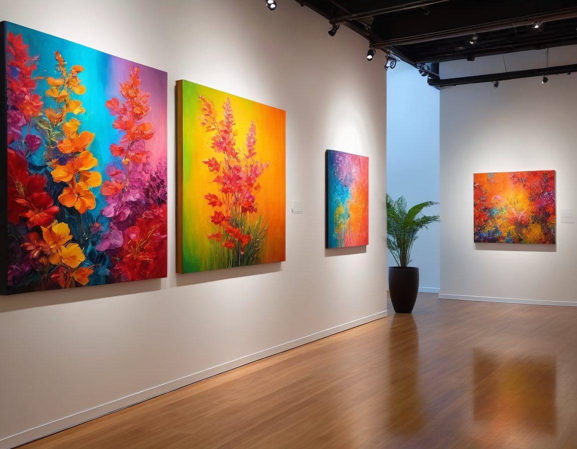 A vibrant art gallery filled with colorful, abstract paintings showcasing joyful scenes, with enthusiastic visitors admiring the art. Brightly colored sculptures intermingle with the paintings, reflecting creativity and innovation. Soft, warm lighting casts a welcoming glow throughout the space, creating an inspiring atmosphere. Include elements of nature, like plants or flowers, to enhance the joyfulness. super-realistic. vibrant colors. warm lighting.